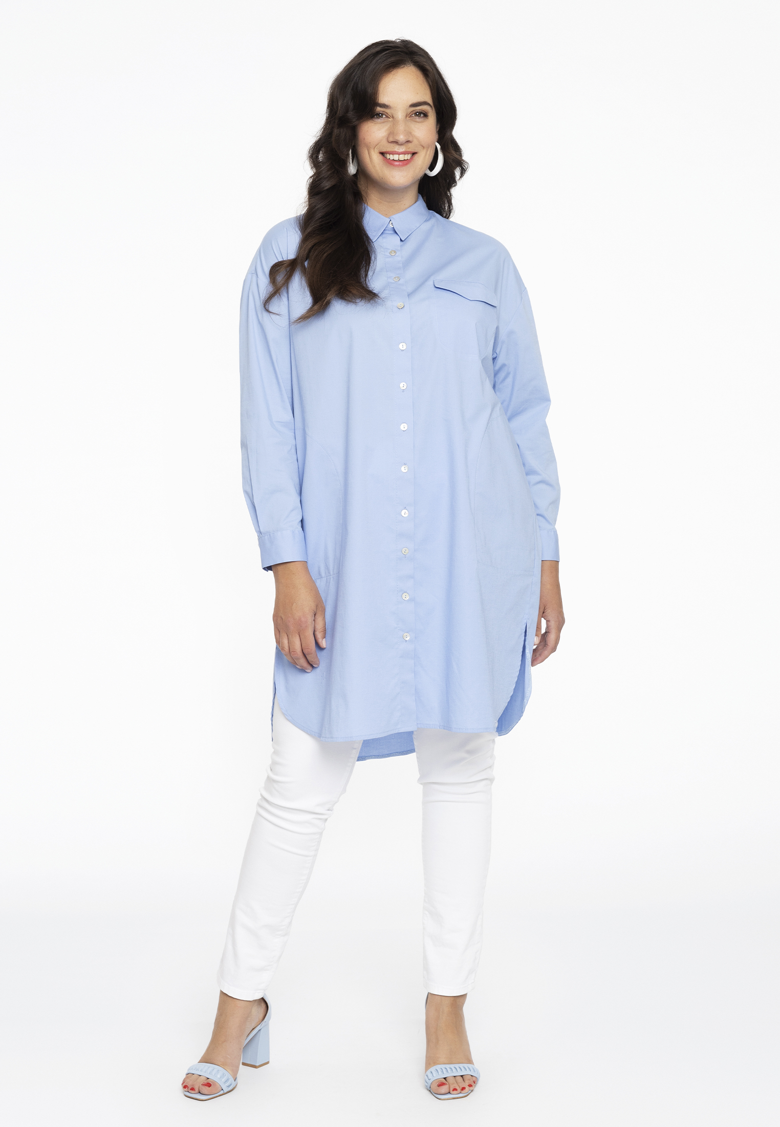 Blouse-dress buttoned POPLIN STRETCH - white light blue